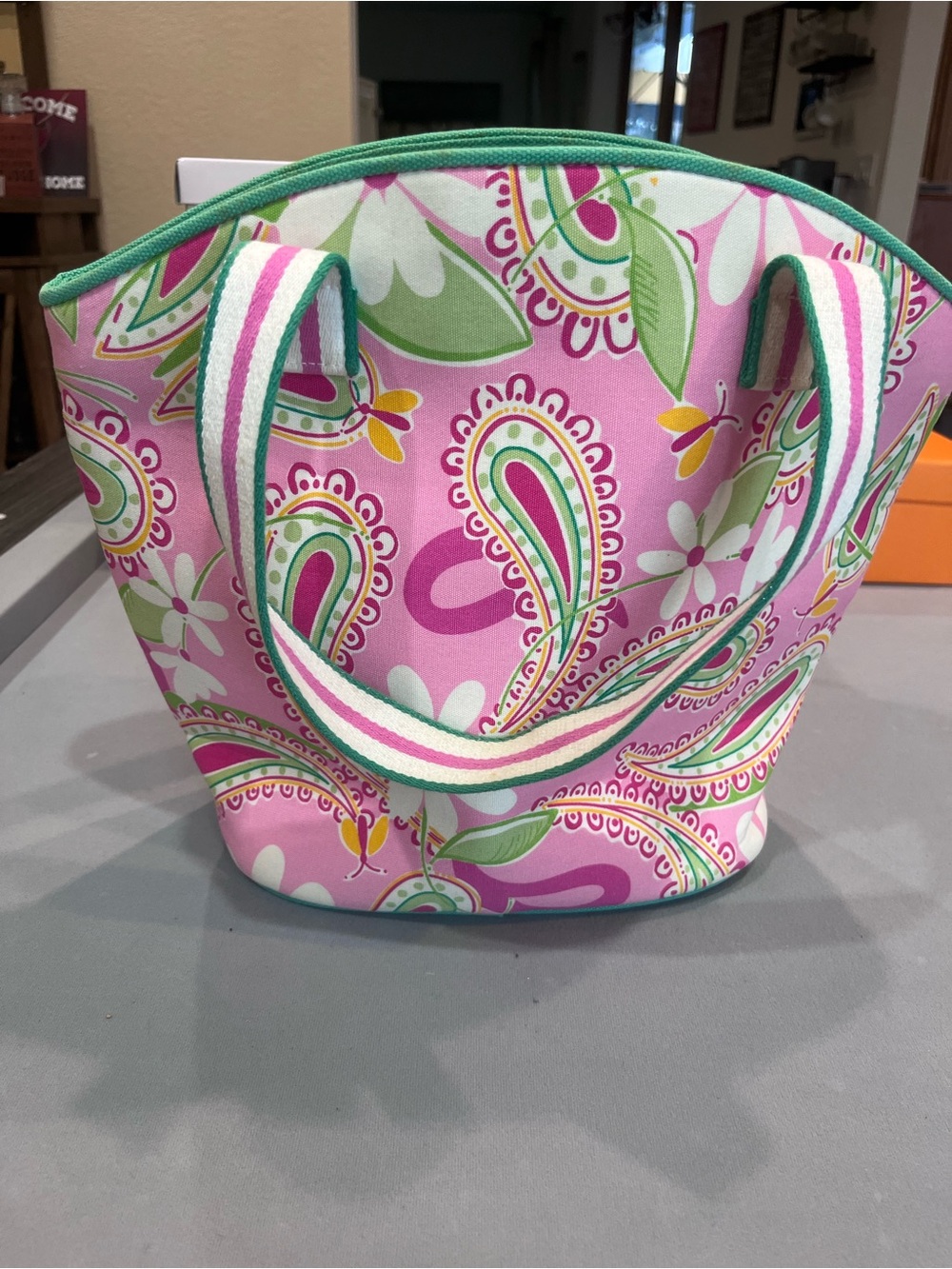 Lilly Pulitzer Pink Paisley-Neon Green Tote with Striped Handles